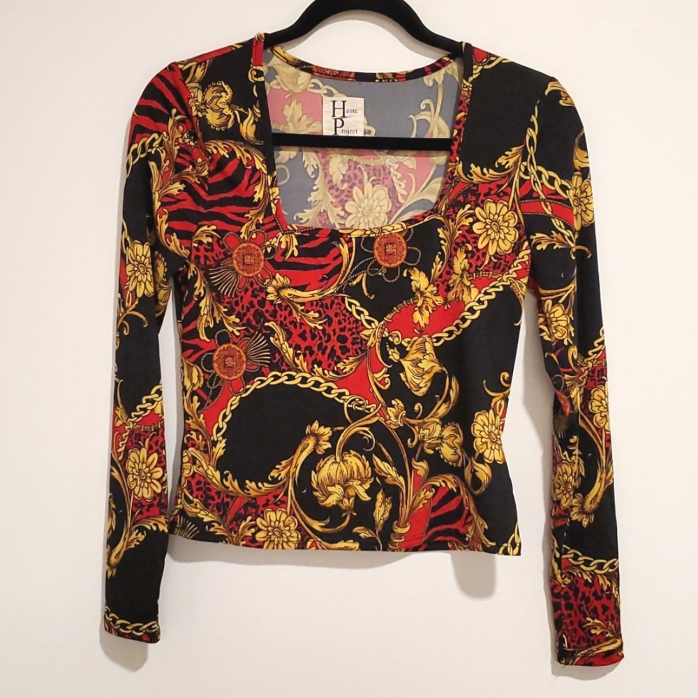 Haute Project Los Angeles Baroque European Pattwrn Long Sleeve Crop Top Small